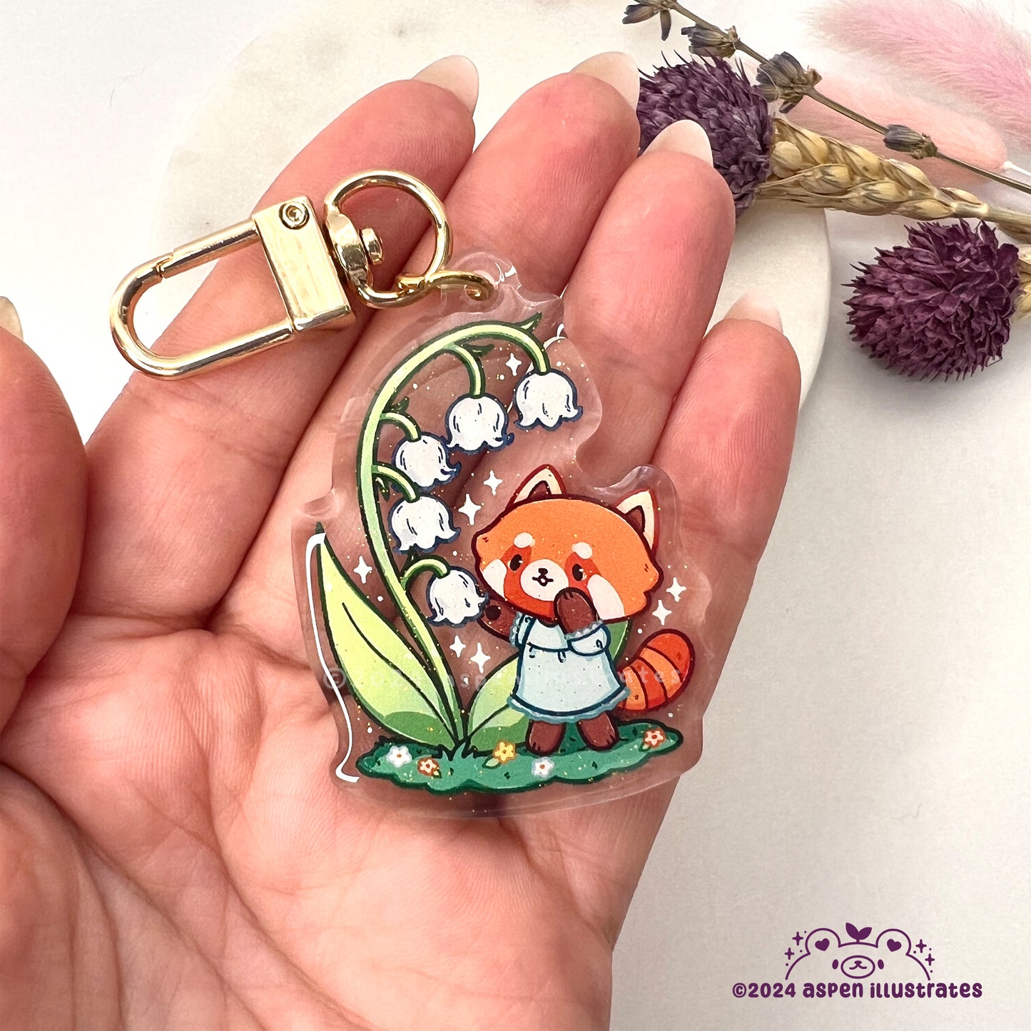 Red Panda & Lily of the Valley Acrylic Keychain