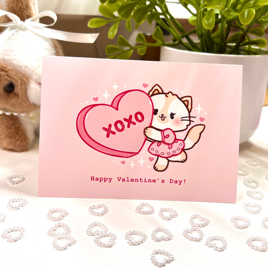 XOXO Cat Valentine’s Day Mini Greeting Card | Kawaii Valentine’s Day Card, Cute Kitty, Sweet Gift