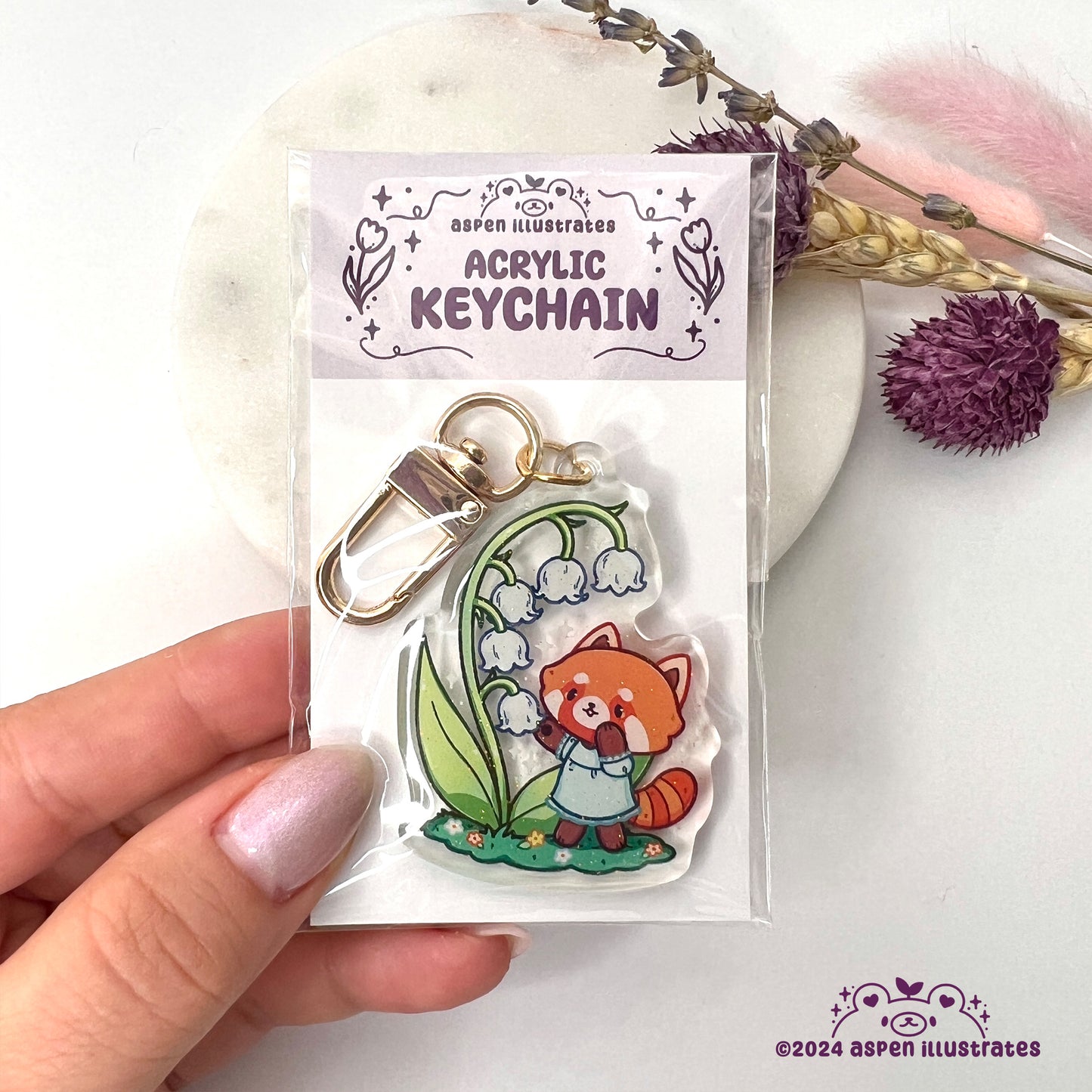Red Panda & Lily of the Valley Acrylic Keychain