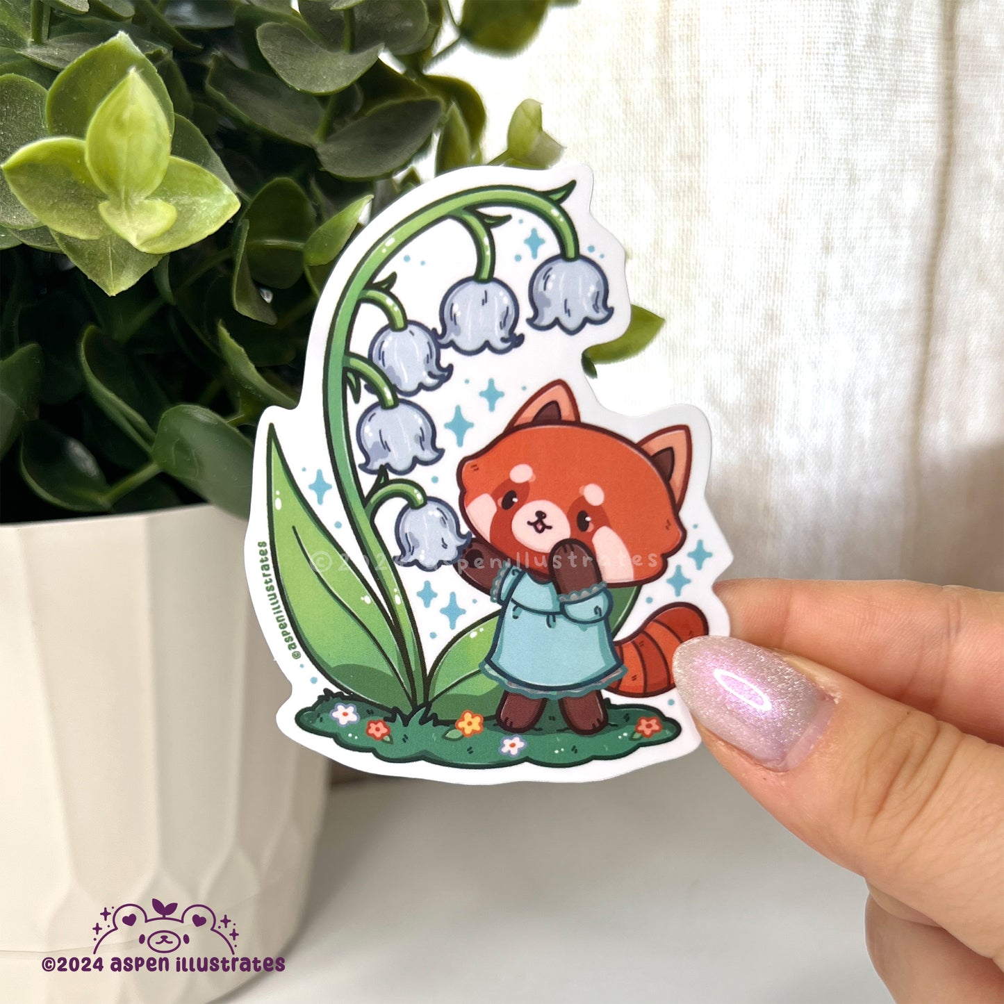 Red Panda & Lily of the Valley Weatherproof Sticker